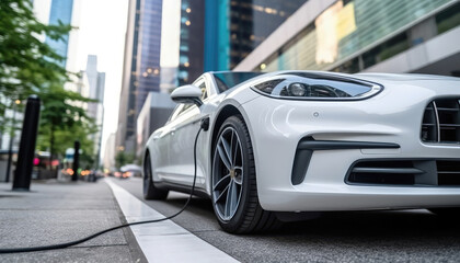 White electric car drive on road in urban city with EV home charger station building skyscraper cityscape view background. Transportation and sustainable energy concept. Generative AI