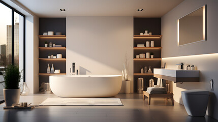 Fototapeta na wymiar white bathroom Toilet and bath on the side, modern flooring Generative AI