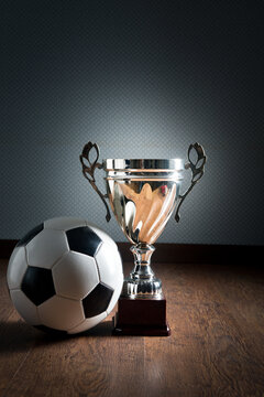 Gold cup trophy and soccer ball on hardwood floor, winning concept.