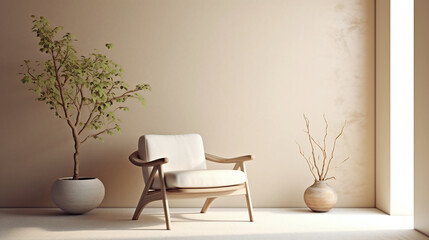 minimalist living room with chairs and potted indoor plants. blank wall for wall mockup