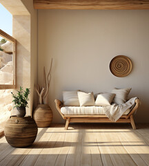 living room with wooden floor, table and sofa. a room with beige color inspiration.