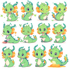 Clip art, character design sheet, Set of A cute dragon isolated on transparent background