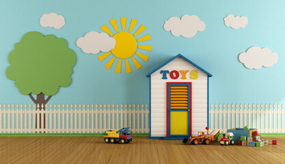 Playroom with small wooden house toys - 3d rendering