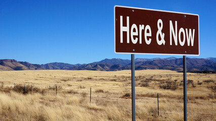 Here and Now road sign with blue sky and wilderness © Designpics