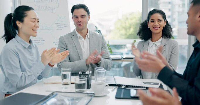 Handshake, applause and business people in congratulations for partnership in corporate office. Shaking hands, clapping and happy group of employees in celebration of success, achievement or b2b deal