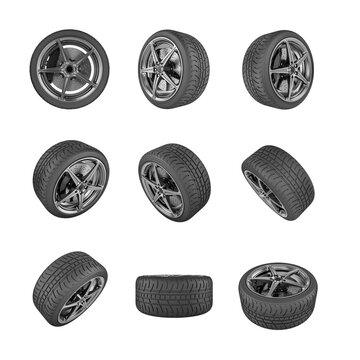 Tires in perspective on white background - 3D render