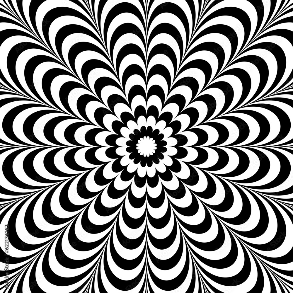 Poster optical illusion background. black and white abstract distorted lines surface. poster design. radial