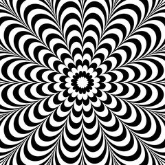 Optical illusion background. Black and white abstract distorted lines surface. Poster design. Radial wavy illusion wallpaper. Vector illustration