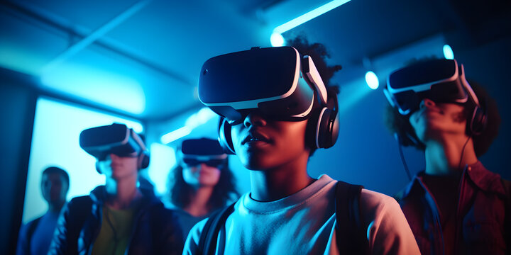 Students using vr glasses for education, virtual reality in the school