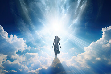 Silhouette of a woman walking in the heaven blue sky with clouds and with beams of lights.  Spiritual or religious concept. Astral body concept. Generative AI. 