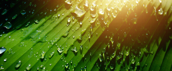 Leafy background of banana tree with water drops, natural green plants, pure dew drops. Spring...