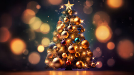 Fototapeta na wymiar Christmas tree with baubles and blurred shiny lights.
