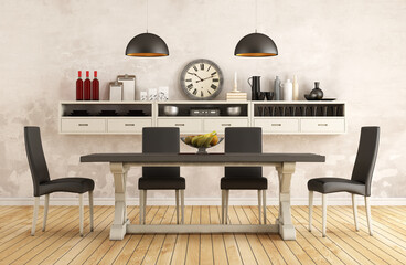 Black and white retro dining room with old table and chairs 3d interior