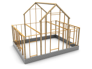 3d illustration of house construction, wooden frame