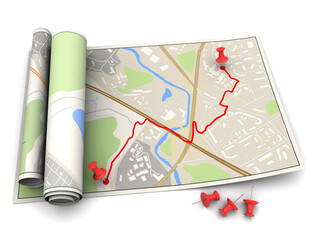 3d illustration of city map with red route and pins