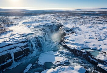 Over Frozen Landscape and waterfall