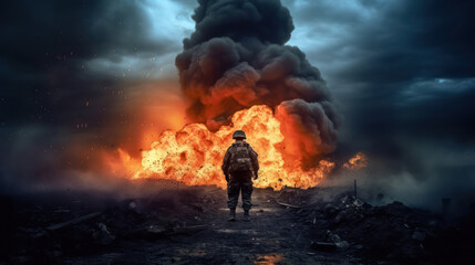 War concept.  A person looks at the destruction after the explosion