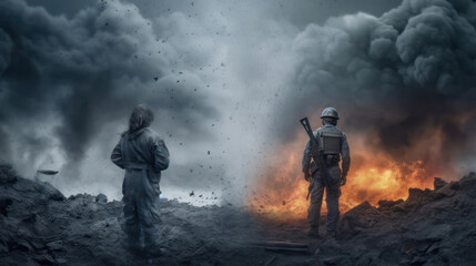 War concept.  A person looks at the destruction after the explosion