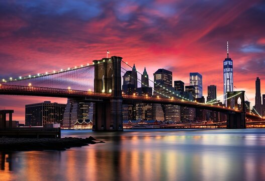 Brooklyn Bridge and Lower Manhattan skyline at dusk © Jodie