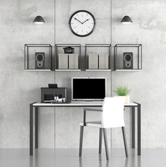 Black and white study room with minimalist furniture on concrete panels - 3d rendering