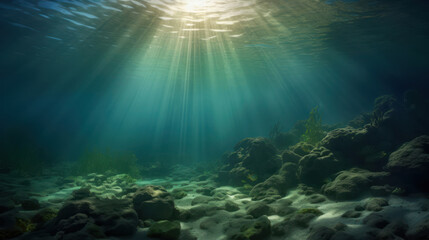 Fototapeta na wymiar Sun light rays under water.