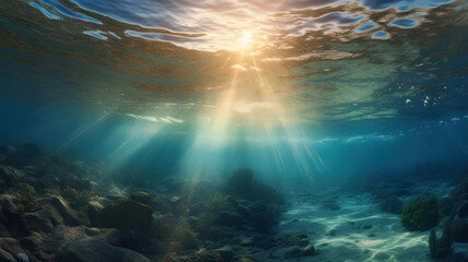 Fototapeta na wymiar Sun light rays under water.
