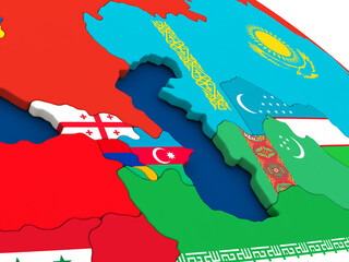 Map of Caucasus region on globe with embedded flags of countries. 3D illustration. - obrazy, fototapety, plakaty