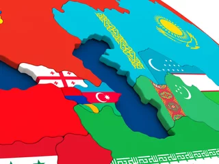 Fotobehang Map of Caucasus region on globe with embedded flags of countries. 3D illustration. © Designpics