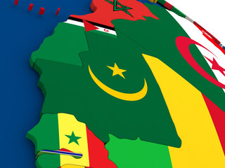 Map of Mauritania on globe with embedded flags of countries. 3D illustration.