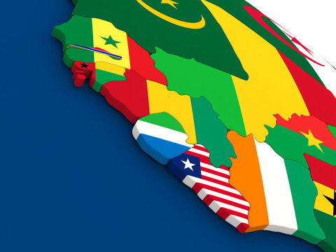 Map of Liberia, Sierra Leone and Guinea on globe with embedded flags of countries. 3D illustration.
