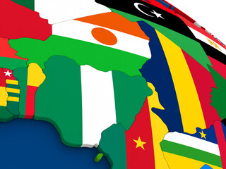 Map of Niger and Nigeria on globe with embedded flags of countries. 3D illustration. - obrazy, fototapety, plakaty