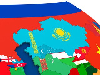 Map of Kazakhstan on globe with embedded flags of countries. 3D illustration.