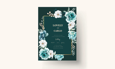 Fototapeta na wymiar beautiful watercolor tosca flower and leaves invitation card