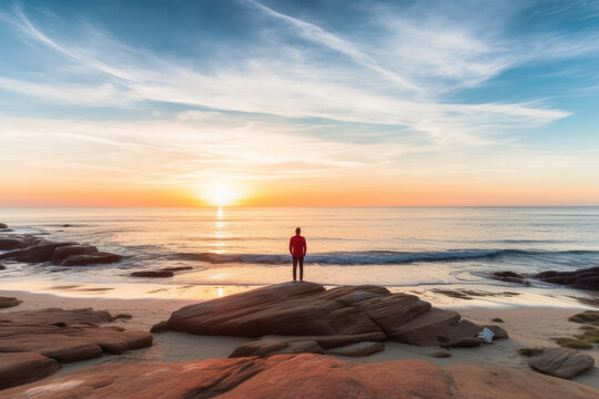 Man standing on the beach and looking at the sunset over the sea