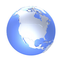 North America on bright metallic model of planet Earth with blue ocean and shiny embossed continents with visible country borders. 3D illustration isolated on white background.