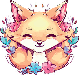 Fox Embraced by a Serene Watercolor Flower Oasis