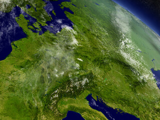 Central Europe with surrounding region as seen from Earth's orbit in space. 3D illustration with highly detailed planet surface and clouds in the atmosphere. Elements of this image furnished by NASA. - obrazy, fototapety, plakaty