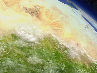 Chad with surrounding region as seen from Earth's orbit in space. 3D illustration with highly detailed realistic planet surface and clouds in the atmosphere. Elements of this image furnished by NASA.
