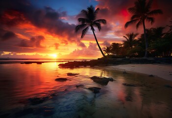 Sunset at the beach on Mauritius Island - obrazy, fototapety, plakaty