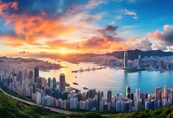 Fototapeta premium Victoria Harbour panorama at sunrise seen