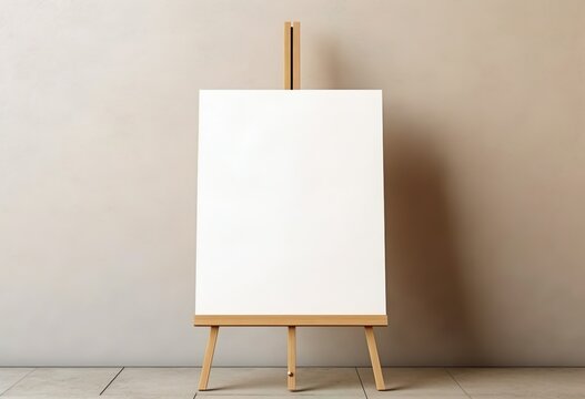 Wooden easel with blank canvas near beige