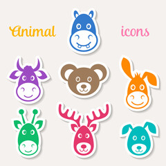 Colorful vector animal face icons on white labels