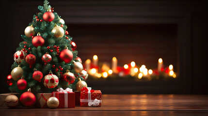 Festive Hearth Christmas Tree with Decorations Background in a Cozy Living Room with Fireplace. created with Generative AI