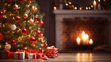 Festive Hearth Christmas Tree with Decorations Background in a Cozy Living Room with Fireplace. created with Generative AI