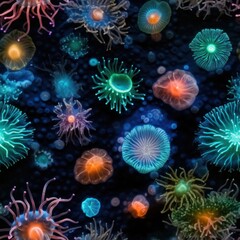 Fototapeta premium Seamless pattern texture Underwater world with fluorescent orange and turquoise jellyfish on a black background. AI Generation 