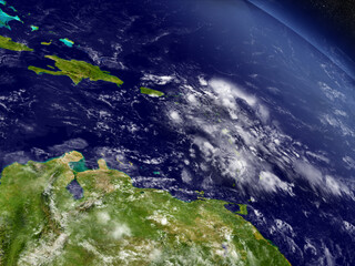 South Caribbean with surrounding region as seen from Earth's orbit in space. 3D illustration with highly detailed planet surface and clouds in the atmosphere. Elements of this image furnished by NASA.