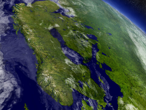 Scandinavia with surrounding region as seen from Earth's orbit in space. 3D illustration with highly detailed planet surface and clouds in the atmosphere. Elements of this image furnished by NASA.