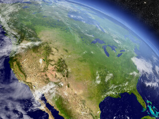 USA with surrounding region as seen from Earth's orbit in space. 3D illustration with highly detailed realistic planet surface and clouds in the atmosphere. Elements of this image furnished by NASA.