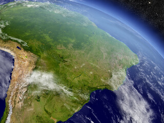 Brazil with surrounding region as seen from Earth's orbit in space. 3D illustration with highly detailed planet surface and clouds in the atmosphere. Elements of this image furnished by NASA.