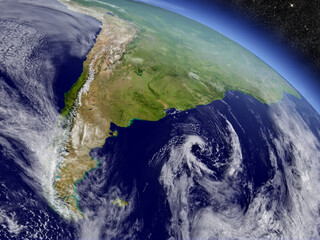 Argentina and Chile with surrounding region as seen from Earth's orbit in space. 3D illustration with detailed planet surface and clouds in the atmosphere. Elements of this image furnished by NASA.